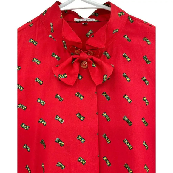 Vintage Rodier Paris Womens Blouse Bow Tie Red Batwing size 40 US 10 - Picture 3 of 12